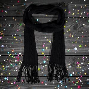 Ann Taylor Older Label Black Skinny 100% Cashmere Cable Knit Scarf With Fringe